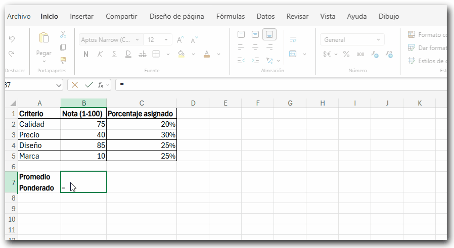 Ejemplo de la función SUMAPRODUCTO