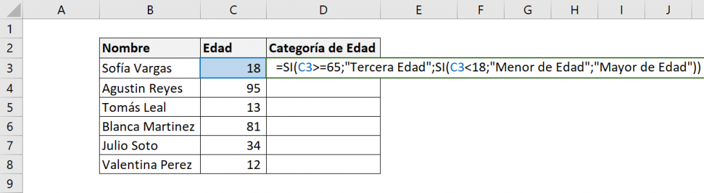 Tabla que muestra el ejemplo de cómo funciona la fórmula SI de Excel anidada, en la tabla nos muestra las respuestas que buscamos.