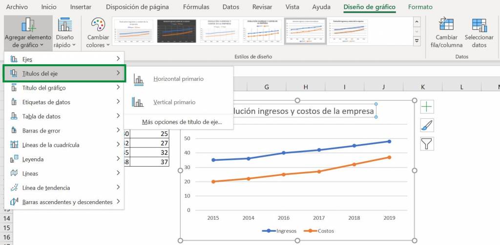 Excel excel herramientas gráficos gráfico de línea título del eje