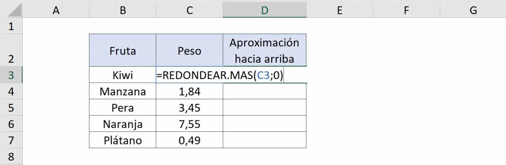 Ejemplo REDONDEAR.MAS en Excel sintaxis