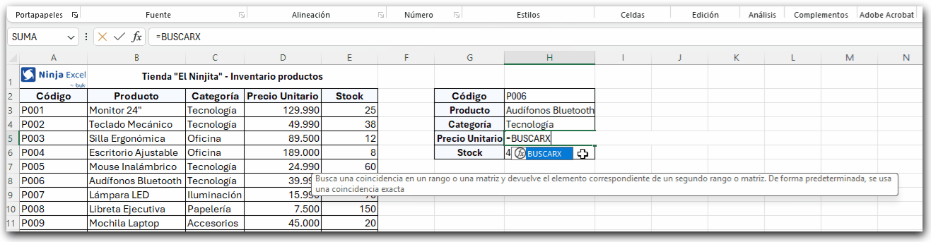 Aplicado a la tabla de productos BuscarV