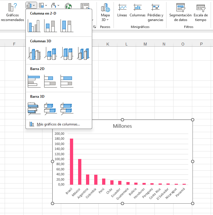 opciones de barras de herramientas en Excel