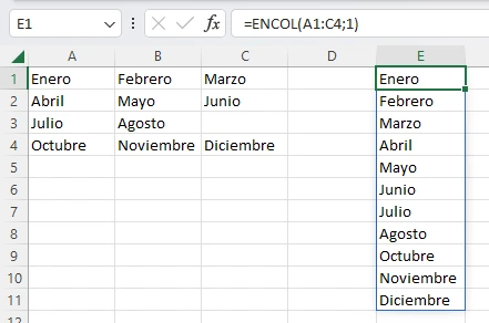 En esta imagen se continua el ejemplo para aplicar la función ENCOL que es parte de las nuevas funciones de Excel de 2023