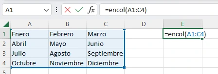 En esta imagen se muestra el ejemplo para aplicar la función ENCOL que es parte de las nuevas funciones de Excel de 2023