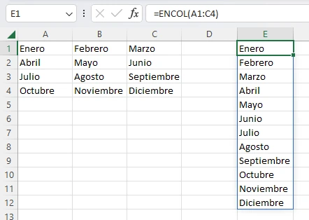 En esta imagen se continua el ejemplo para aplicar la función ENCOL que es parte de las nuevas funciones de Excel de 2023