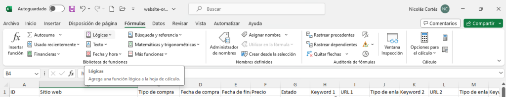 Captura de las barras de herramientas de Microsoft Excel con formulas