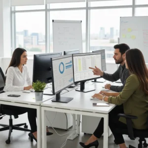 Equipo de recursos humanos revisando reportes de avance y satisfacción obtenidos a través del Chat Profesor de Ninja Excel.