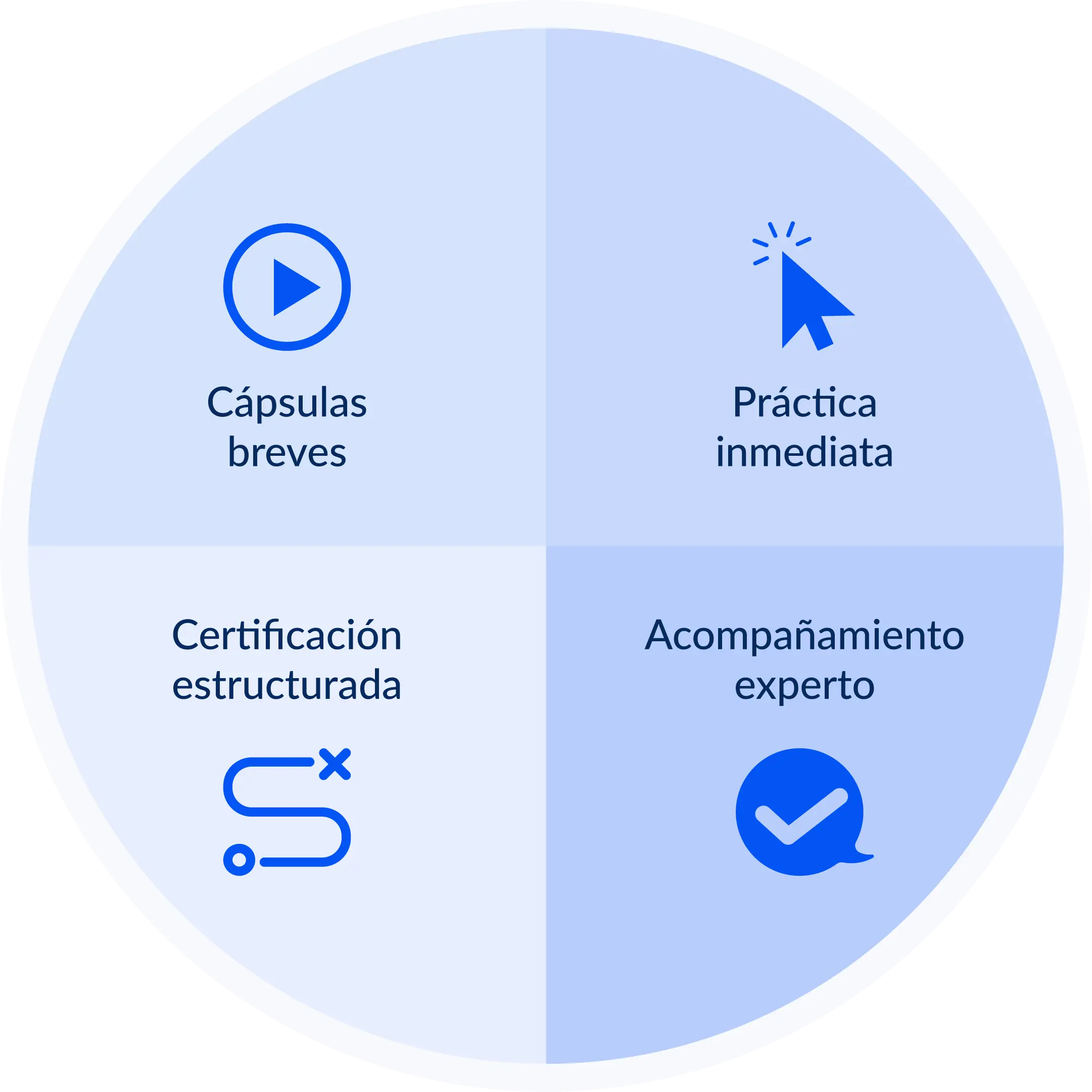 Diagrama explicativo del microlearning en Ninja Excel con cápsulas breves, práctica inmediata, certificación estructurada y acompañamiento experto.