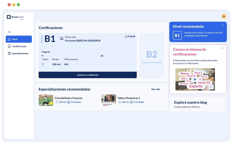 Vista de la plataforma Ninja Excel mostrando certificaciones y reportes utilizados en los Cursos de Excel para Recursos Humanos.
