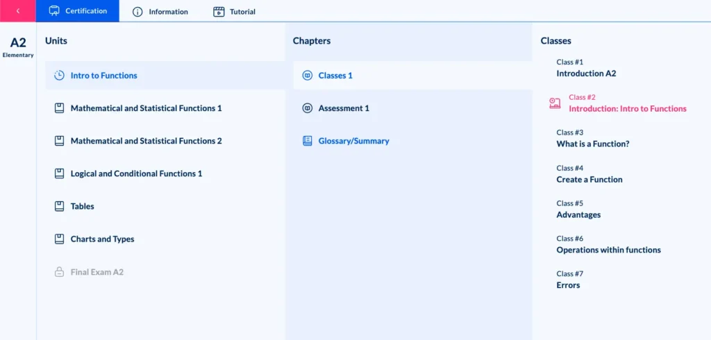Enterprise Excel training platform showing how certifications are organized into units, chapters, classes, and final exams