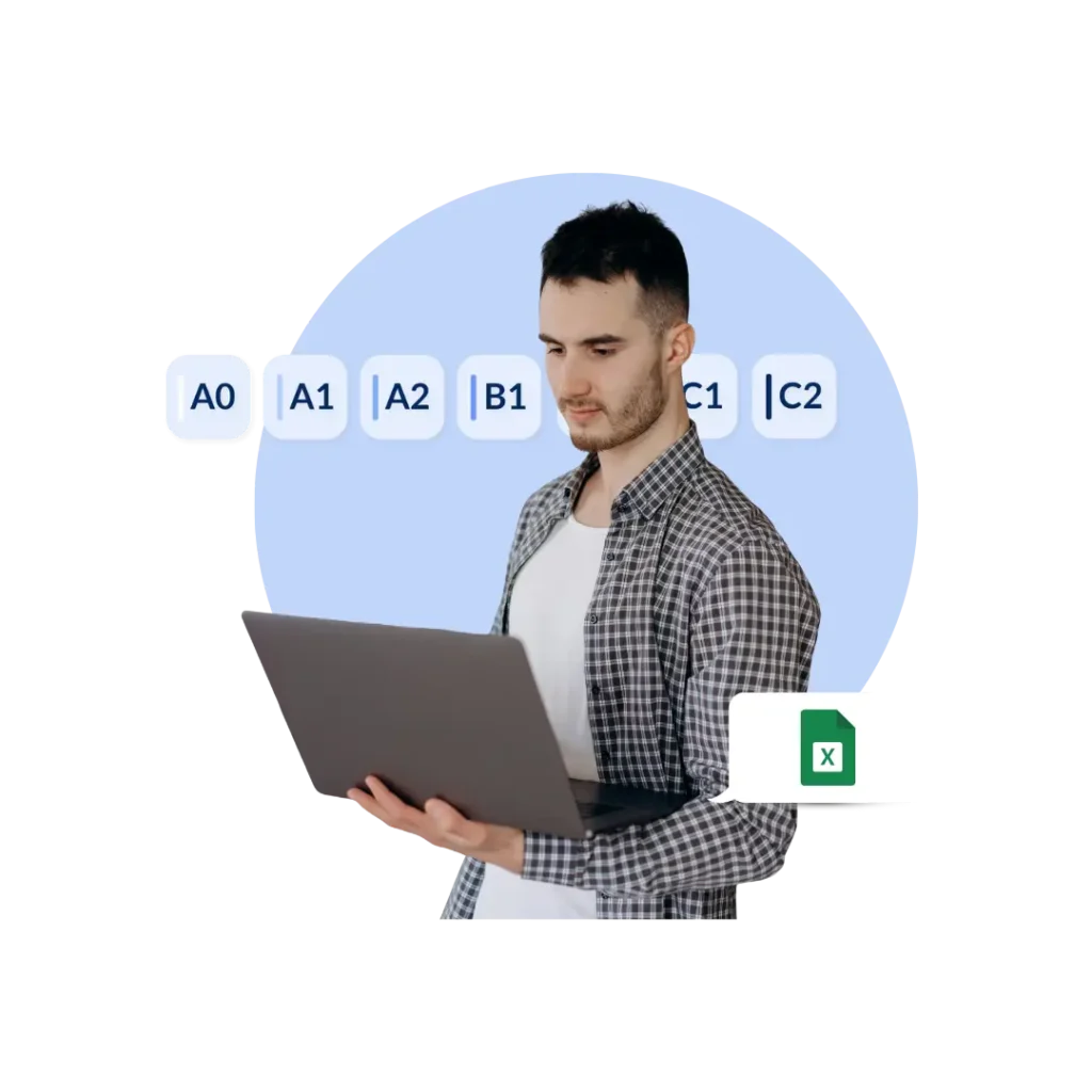 Employee taking an online Excel skills assessment with level indicators from A0 to C2